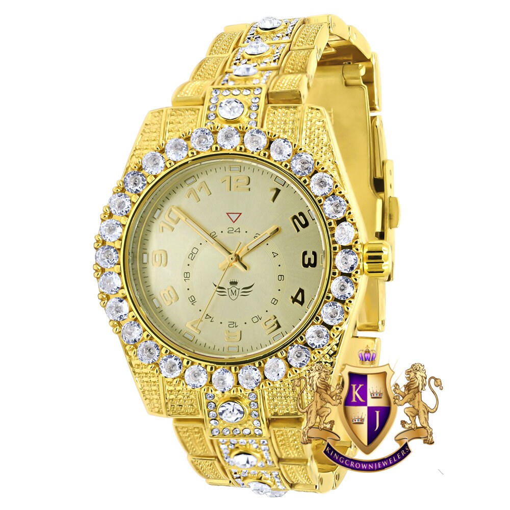Solitaire 14K Yellow Gold Tone Simulated Diamond Water Resistance Steel Back Metal Band Watch 40mm