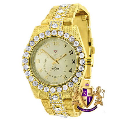 Solitaire 14K Yellow Gold Tone Simulated Diamond Water Resistance Steel Back Metal Band Watch 40mm