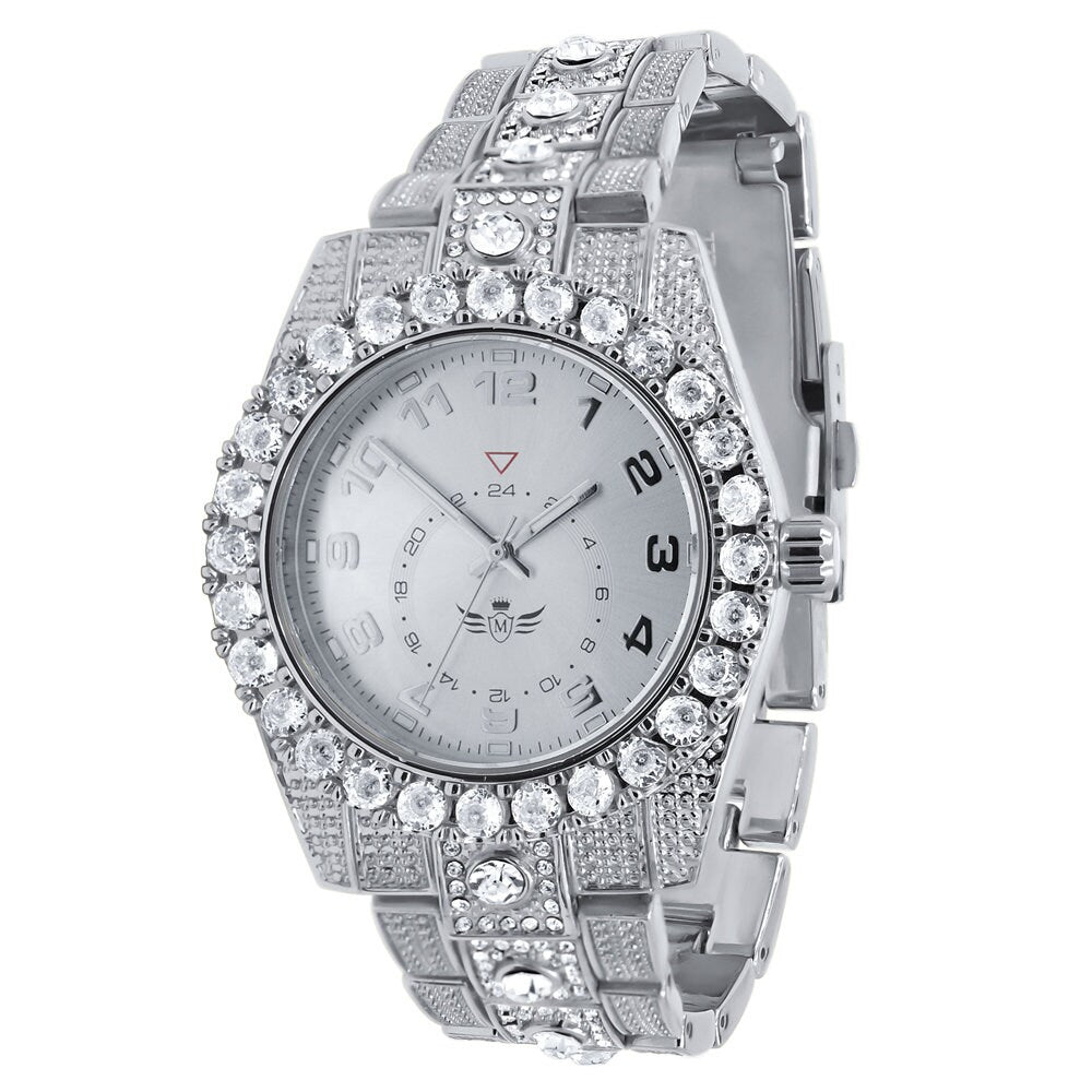 Solitaire 14K White Gold Tone Simulated Diamond Water Resistance Steel Back Metal Band Watch 40mm