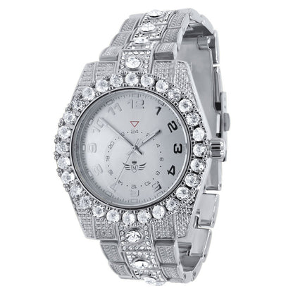 Solitaire 14K White Gold Tone Simulated Diamond Water Resistance Steel Back Metal Band Watch 40mm
