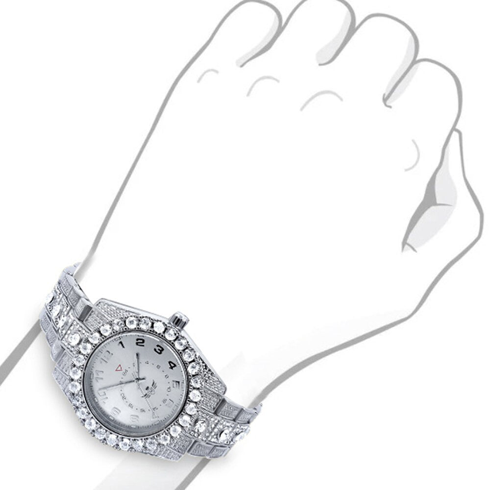 Solitaire 14K White Gold Tone Simulated Diamond Water Resistance Steel Back Metal Band Watch 40mm