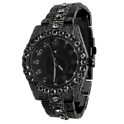 Solitaire 14K Black Gold Tone Simulated Diamond Water Resistance Steel Back Metal Band Watch 40mm