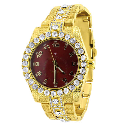Red Dial Solitaire 14K Gold Tone Simulated Diamond Water Resistance Steel Back Metal Band Watch 40mm