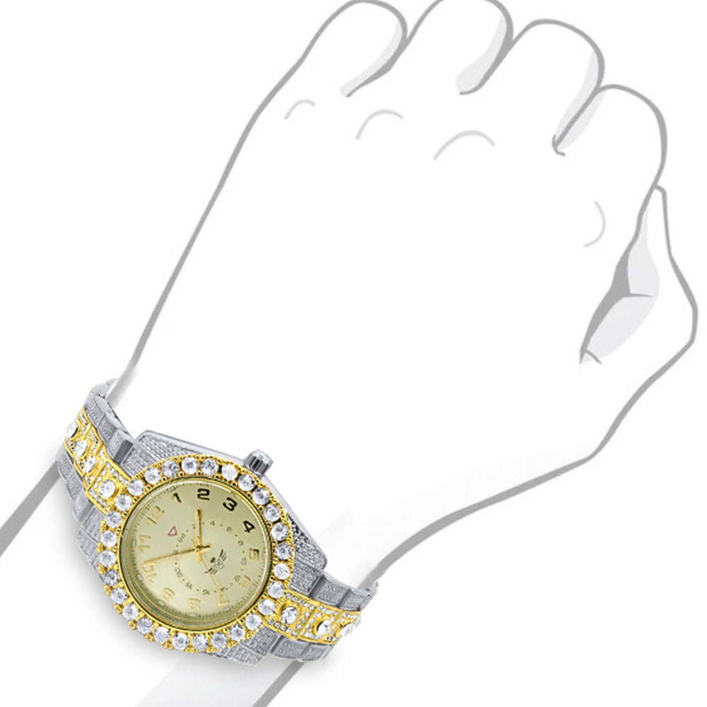 Solitaire 2 Tone Gold Finish Simulated Diamond Water Resistance Steel Back Metal Band Watch 40mm