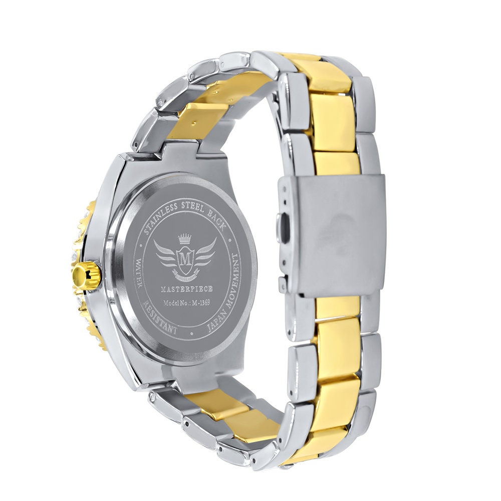 Solitaire 2 Tone Gold Finish Simulated Diamond Water Resistance Steel Back Metal Band Watch 40mm
