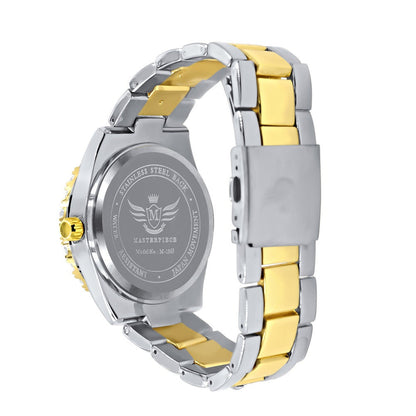 Solitaire 2 Tone Gold Finish Simulated Diamond Water Resistance Steel Back Metal Band Watch 40mm