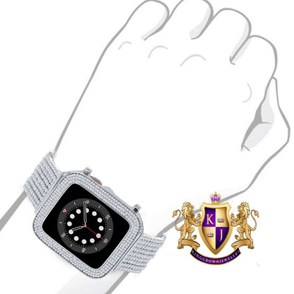 14K White Gold Finish Micro Pave Simulated Diamond 12 Cwt. Apple Watch Bezel 44 mm Fit Series # 4,5,6 Custom Cover Case + Matching Band