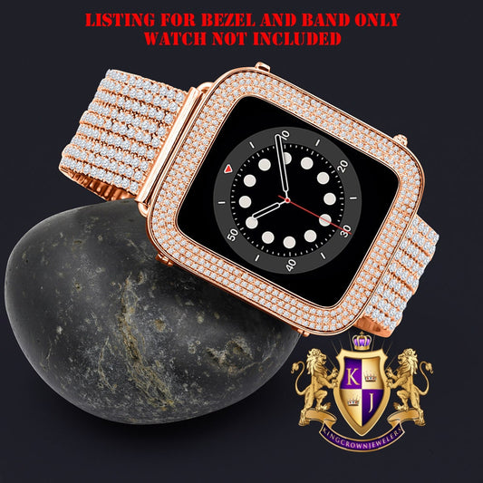 14K Rose Gold Finish Micro Pave Simulated Diamond 12 Cwt. Apple Watch Bezel 44 mm Fit Series # 4,5,6 Custom Cover Case + Matching Band