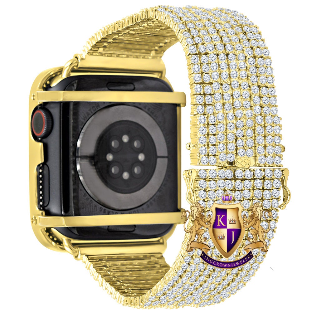 14K Yellow Gold Finish Micro Pave Simulated Diamond 12 Cwt. Apple Watch Bezel 44 mm Fit Series # 4,5,6 Custom Cover Case + Matching Band