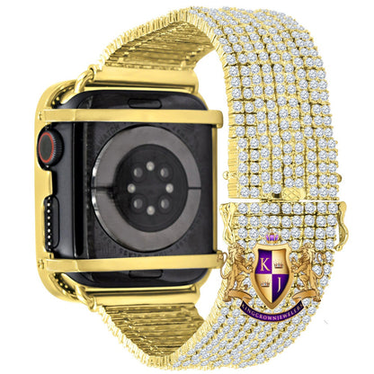 14K Yellow Gold Finish Micro Pave Simulated Diamond 12 Cwt. Apple Watch Bezel 44 mm Fit Series # 4,5,6 Custom Cover Case + Matching Band