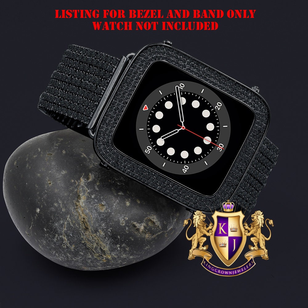 14K Black Gold Finish Micro Pave Simulated Diamond 12 Cwt. Apple Watch Bezel 44 mm Fit Series # 4,5,6 Custom Cover Case + Matching Band