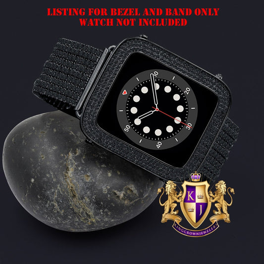14K Black Gold Finish Micro Pave Simulated Diamond 12 Cwt. Apple Watch Bezel 44 mm Fit Series # 4,5,6 Custom Cover Case + Matching Band