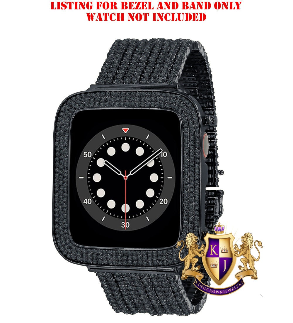 14K Black Gold Finish Micro Pave Simulated Diamond 12 Cwt. Apple Watch Bezel 44 mm Fit Series # 4,5,6 Custom Cover Case + Matching Band