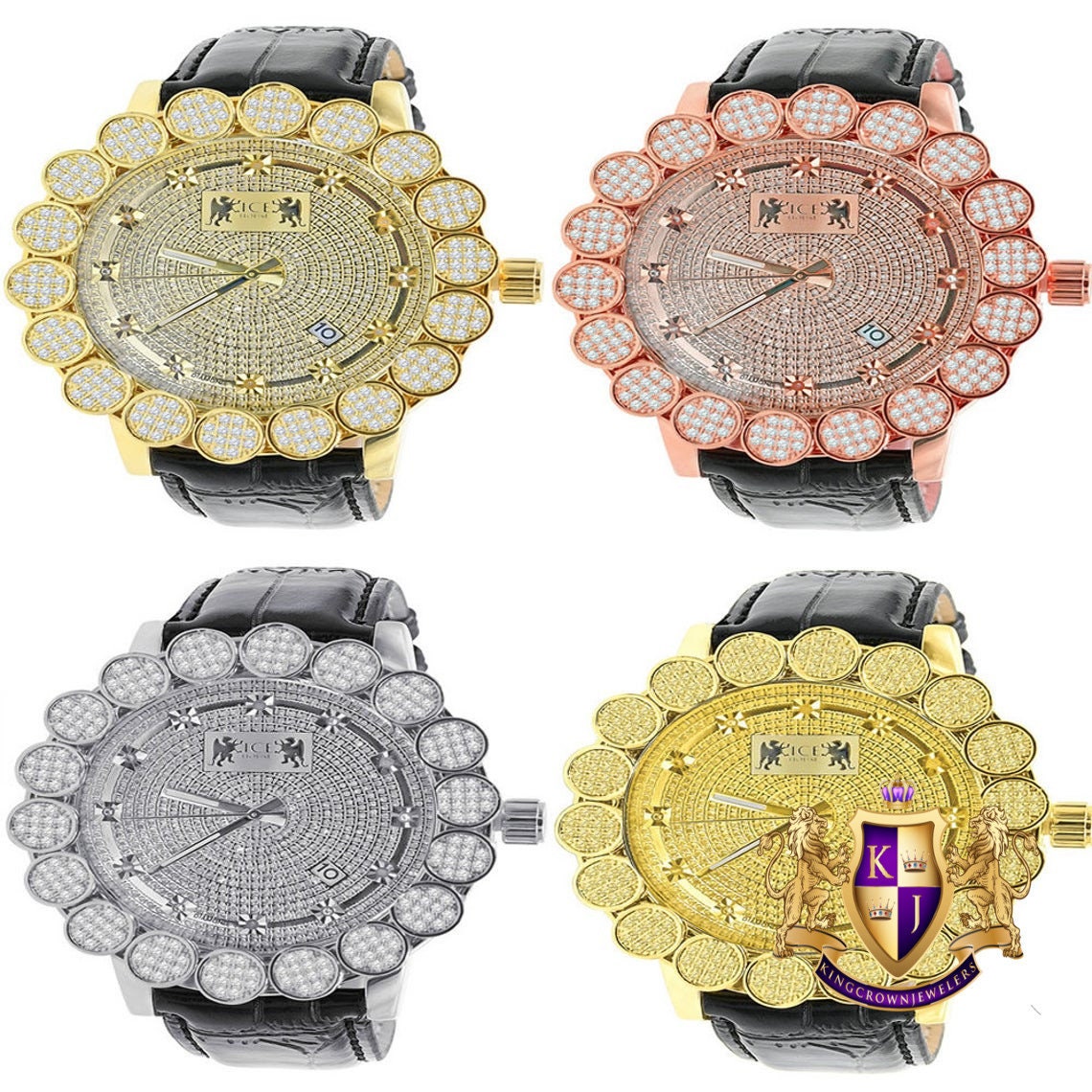 Micro Pave Cluster Custom Bezel Genuine Diamond Dial 5 ATM Water Resistant Solid Steel Back Men's Watch Analog Genuine Leather Band W/Date
