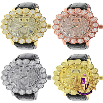 Micro Pave Cluster Custom Bezel Genuine Diamond Dial 5 ATM Water Resistant Solid Steel Back Men's Watch Analog Genuine Leather Band W/Date