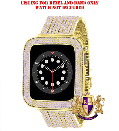 Soft Baby Pink Gold Tone Micro Pave Simulated Diamond 12 Cwt. Apple Watch Bezel 44 mm Fit Series # 4,5,6 Custom Cover Case + Matching Band