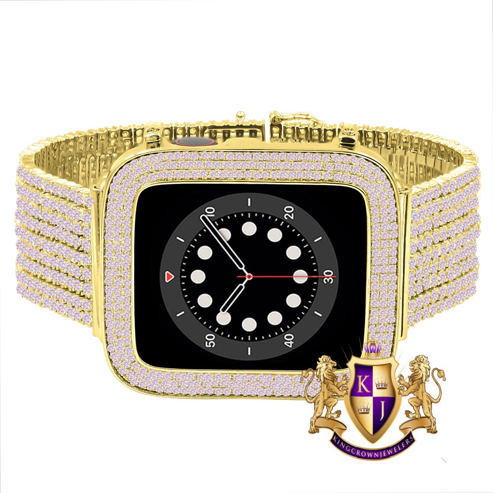 Soft Baby Pink Gold Tone Micro Pave Simulated Diamond 12 Cwt. Apple Watch Bezel 44 mm Fit Series # 4,5,6 Custom Cover Case + Matching Band