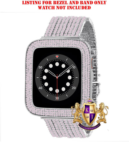 White Tone Soft Baby Pink  Micro Pave Simulated Diamond 12 Cwt. Apple Watch Bezel 44 mm Fit Series # 4,5,6 Custom Cover Case + Matching Band