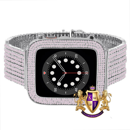 White Tone Soft Baby Pink  Micro Pave Simulated Diamond 12 Cwt. Apple Watch Bezel 44 mm Fit Series # 4,5,6 Custom Cover Case + Matching Band