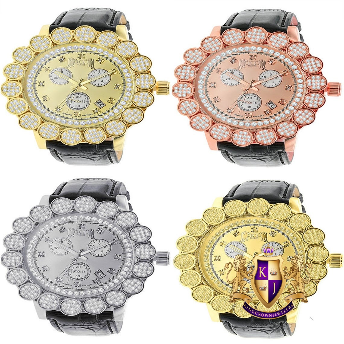 Genuine Diamond Dial Micro Pave Custom Bezel Joe Rodeo Mens Watch Analog Black Leather Band W/Date Water Resistance