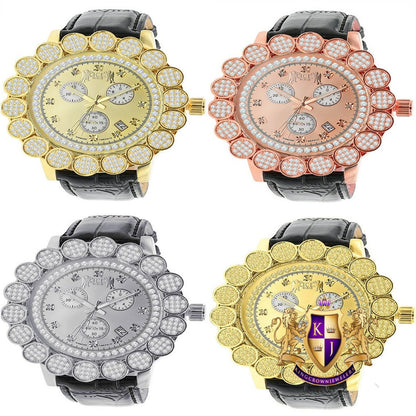 Genuine Diamond Dial Micro Pave Custom Bezel Joe Rodeo Mens Watch Analog Black Leather Band W/Date Water Resistance