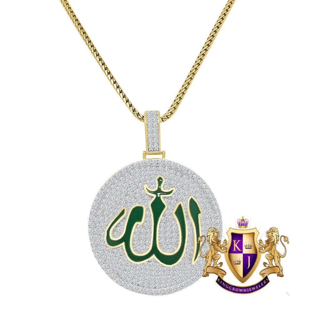 Real Genuine Sterling Silver 14K Gold Over Green Enamel Simulated Diamond Allah God Muslim Medallion Islamic Arabic Charm Pendant Chain Set