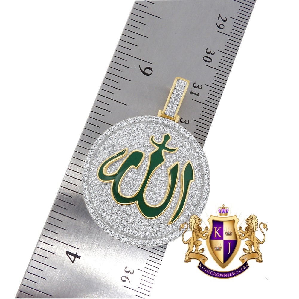 Real Genuine Sterling Silver 14K Gold Over Green Enamel Simulated Diamond Allah God Muslim Medallion Islamic Arabic Charm Pendant Chain Set