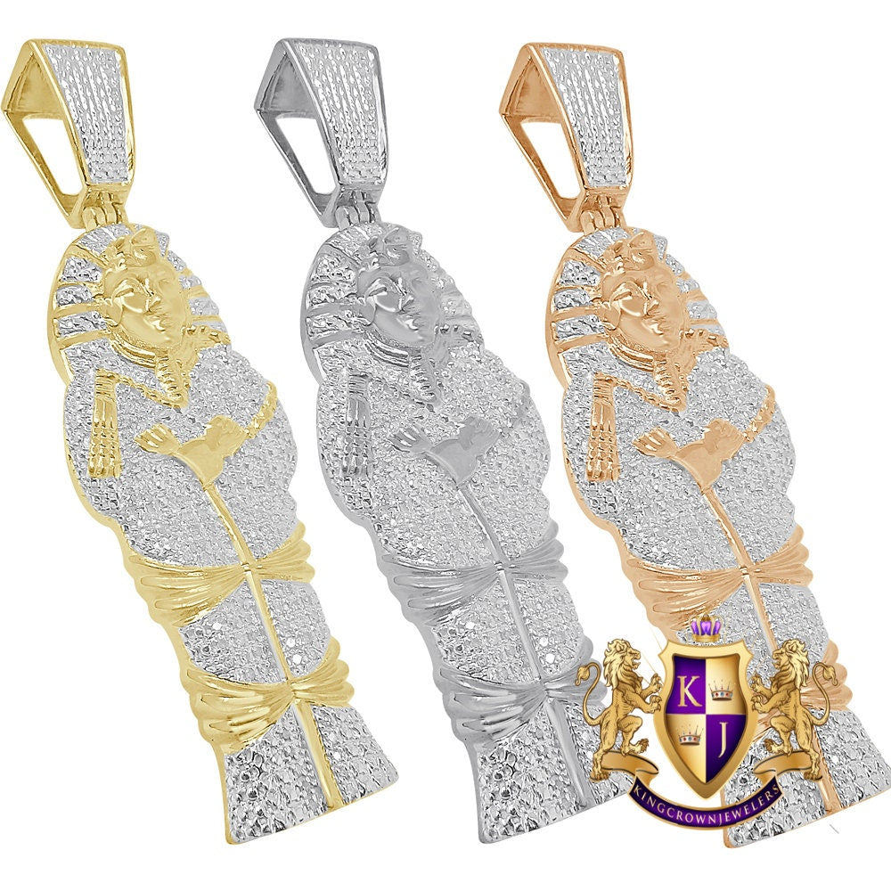 Real Genuine Diamond Egyptian King Tut Pharaoh Mummy Pendent 10K Gold Over Charm 2.70''