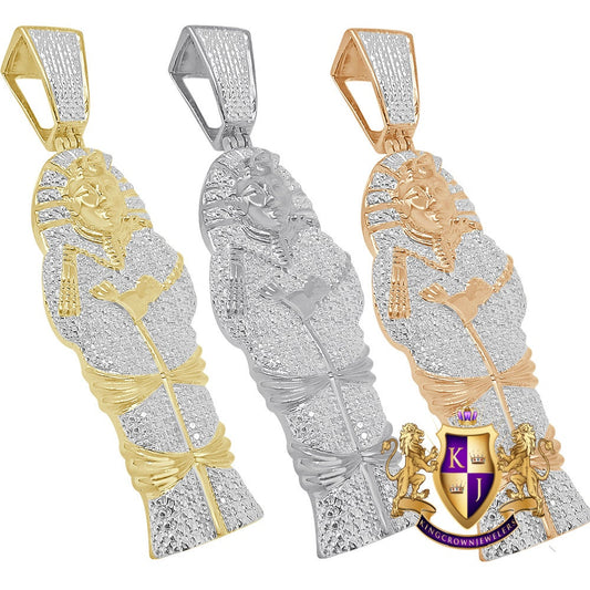 Real Genuine Diamond Egyptian King Tut Pharaoh Mummy Pendent 10K Gold Over Charm 2.70''