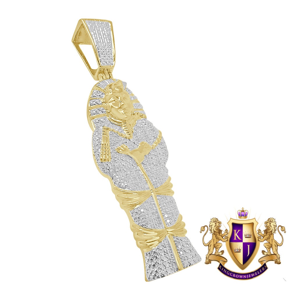 Real Genuine Diamond Egyptian King Tut Pharaoh Mummy Pendent 10K Gold Over Charm 2.70''