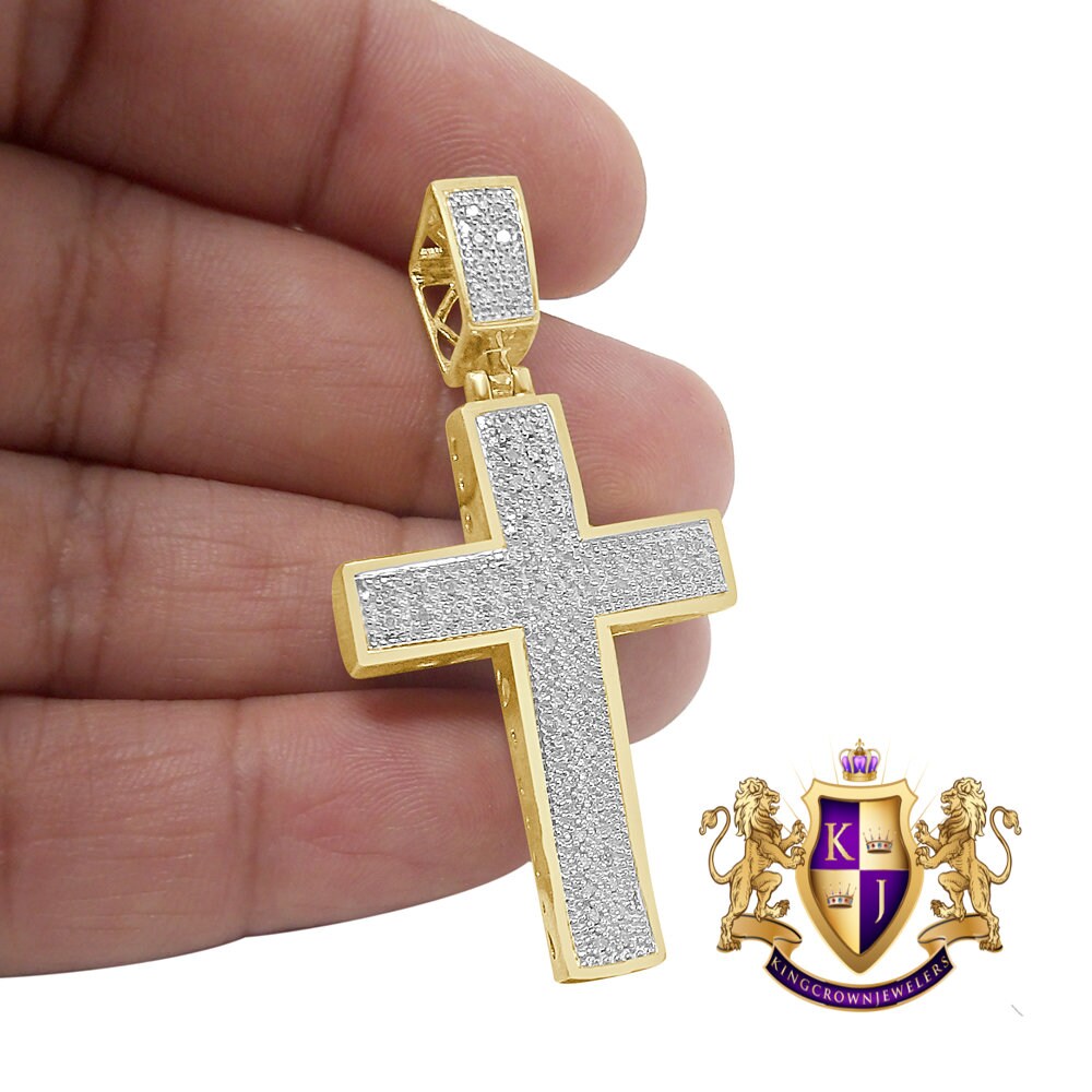 Real Genuine Diamond 0.40 Cwt. Jesus Cross 10k Yellow Gold Over Charm Pendant 2''