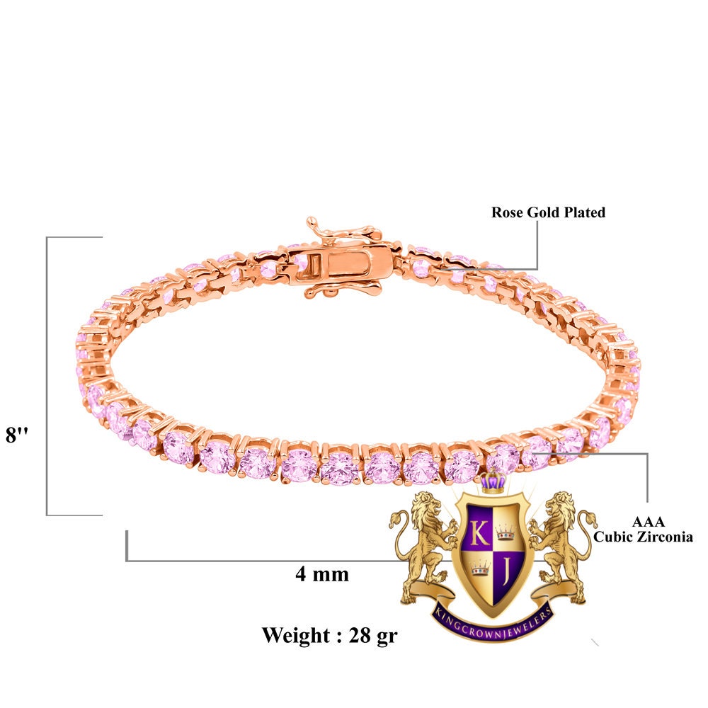 Soft Baby Pink High Quality Men's Ladies 14K Yellow Gold Over Simulated Diamond 1 Row Tennis Bracelet 4mm