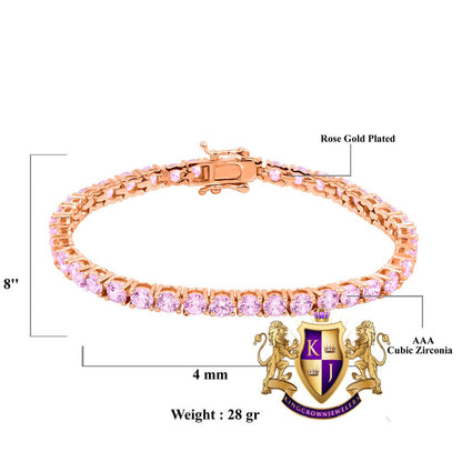 Soft Baby Pink High Quality Men's Ladies 14K Yellow Gold Over Simulated Diamond 1 Row Tennis Bracelet 4mm
