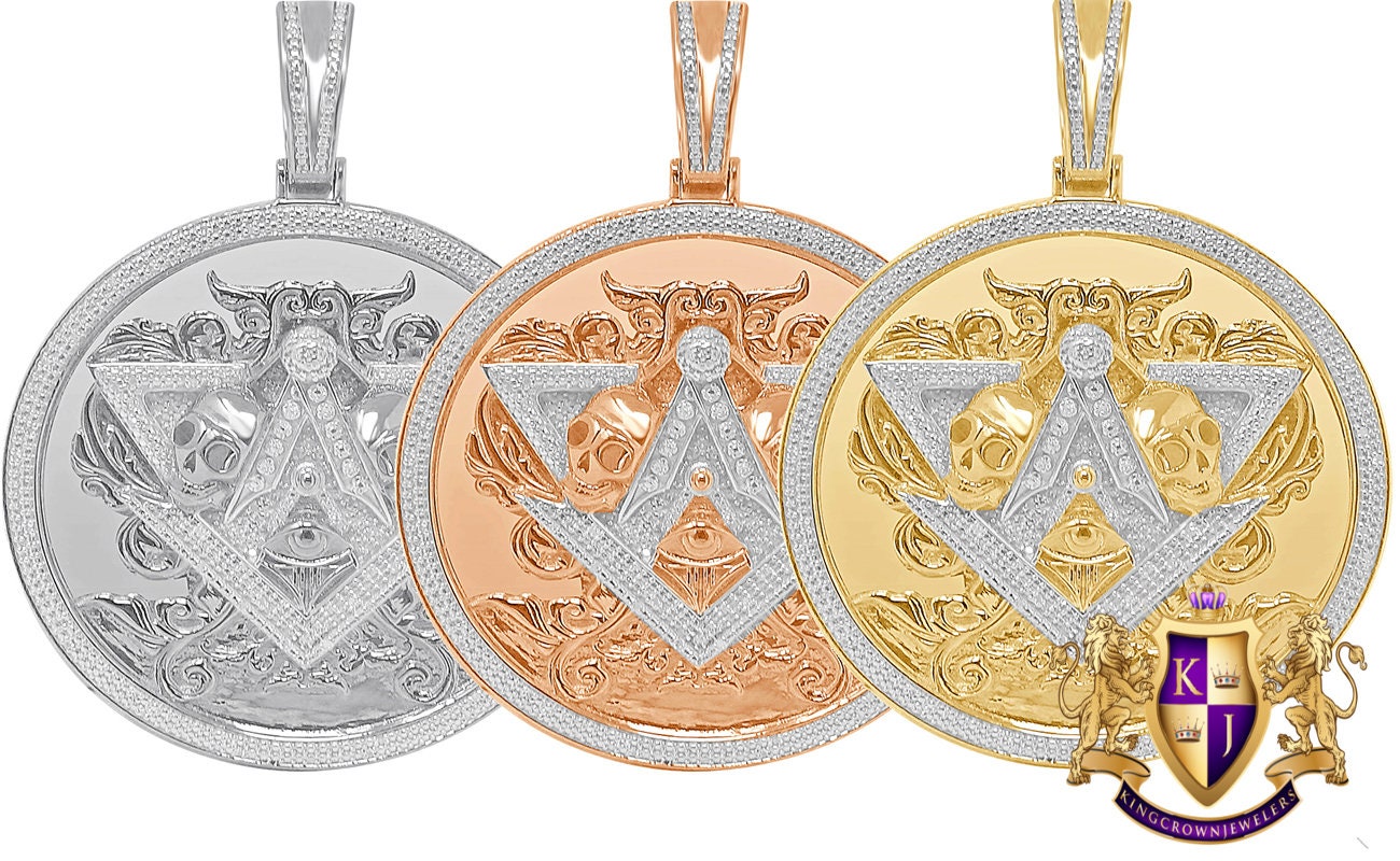 Real Genuine Diamond Big 2.75'' Masonic Freemason Illuminati Evil Eye Skull Pendent 10K Gold Finish Custom Charm 27 + Grams