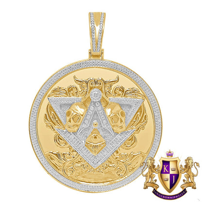 Real Genuine Diamond Big 2.75'' Masonic Freemason Illuminati Evil Eye Skull Pendent 10K Gold Finish Custom Charm 27 + Grams