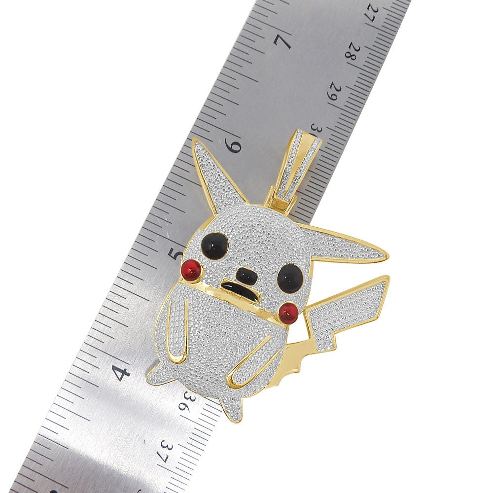Real Genuine Diamond 0.40 Cwt. Cartoon Character Pikachu Pendant 23 + Grams 10K Gold Over Charm 2.25''