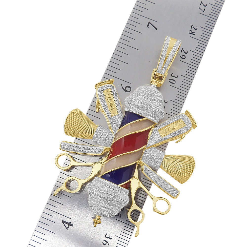 Real Genuine Authentic Diamond 0.40 Cwt. Barber Shop Pole Custom Pendant 26 + Grams 10K Gold Over Charm Big 2.75''