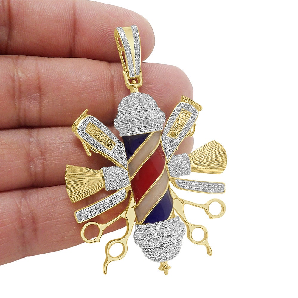 Real Genuine Authentic Diamond 0.40 Cwt. Barber Shop Pole Custom Pendant 26 + Grams 10K Gold Over Charm Big 2.75''