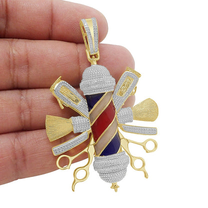 Real Genuine Authentic Diamond 0.40 Cwt. Barber Shop Pole Custom Pendant 26 + Grams 10K Gold Over Charm Big 2.75''