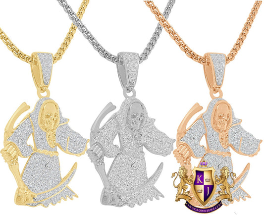 16+ Grams Real Genuine Sterling Silver 14K Gold On 2.00 Cwt. Simulated Diamond Santa Muerte Grim Reaper Angel of Death Pendent Charm + Chain