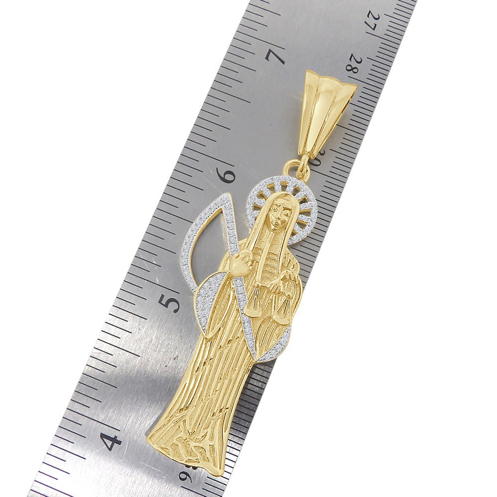 20 + Grams Big 2.85'' Real Sterling Silver 14K Gold Over Simulated Diamond Santa Muerte Grim Reaper Angel of Death Pendent Charm Chain Set