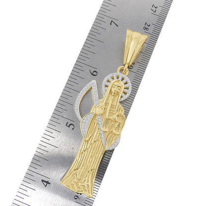 20 + Grams Big 2.85'' Real Sterling Silver 14K Gold Over Simulated Diamond Santa Muerte Grim Reaper Angel of Death Pendent Charm Chain Set