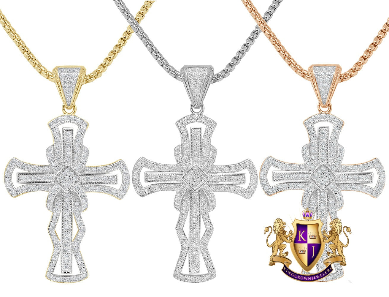Pure Italian Starling Silver Simulated Diamond 14K Gold Over Jesus Crist Designer Cross Pendent Charm Chain Set 2''
