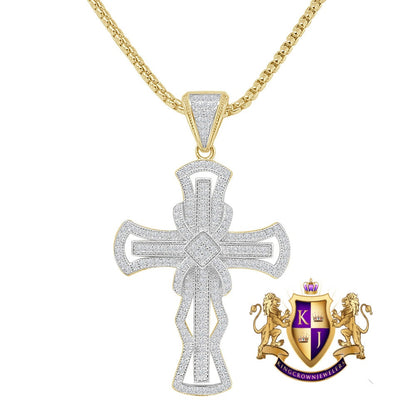 Pure Italian Starling Silver Simulated Diamond 14K Gold Over Jesus Crist Designer Cross Pendent Charm Chain Set 2''