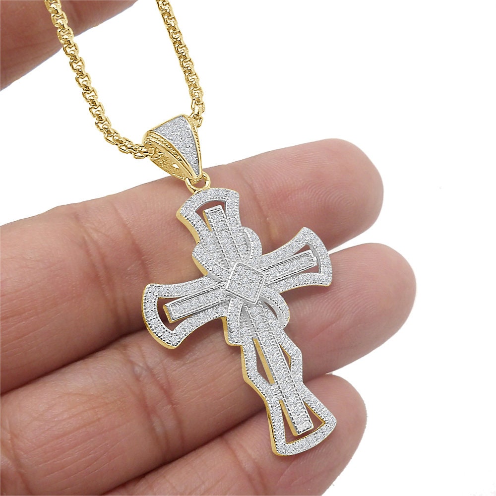 Pure Italian Starling Silver Simulated Diamond 14K Gold Over Jesus Crist Designer Cross Pendent Charm Chain Set 2''