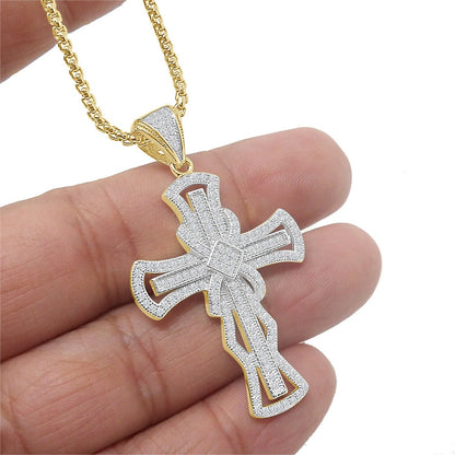 Pure Italian Starling Silver Simulated Diamond 14K Gold Over Jesus Crist Designer Cross Pendent Charm Chain Set 2''