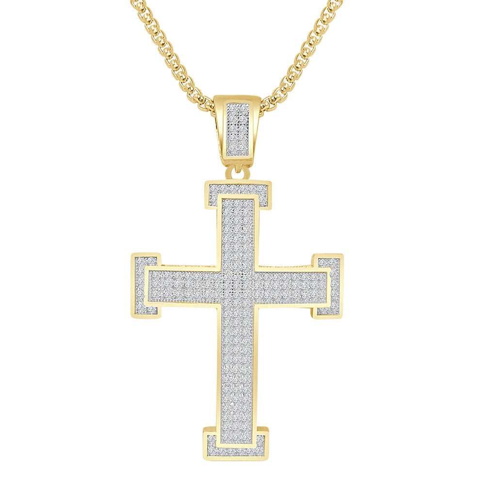 3D Genuine Sterling Silver Simulated Diamond 14K Gold Over Jesus Cross Designer Custom Charm Pendent Chain Set 20 + Grams