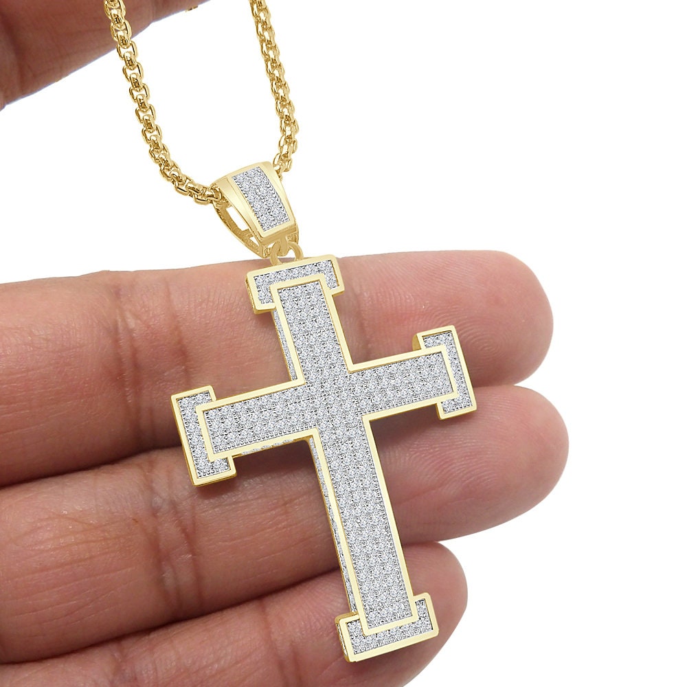 3D Genuine Sterling Silver Simulated Diamond 14K Gold Over Jesus Cross Designer Custom Charm Pendent Chain Set 20 + Grams