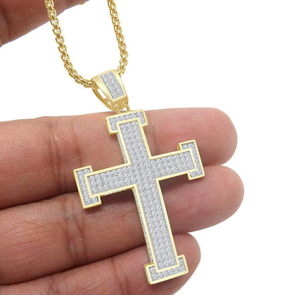 3D Genuine Sterling Silver Simulated Diamond 14K Gold Over Jesus Cross Designer Custom Charm Pendent Chain Set 20 + Grams