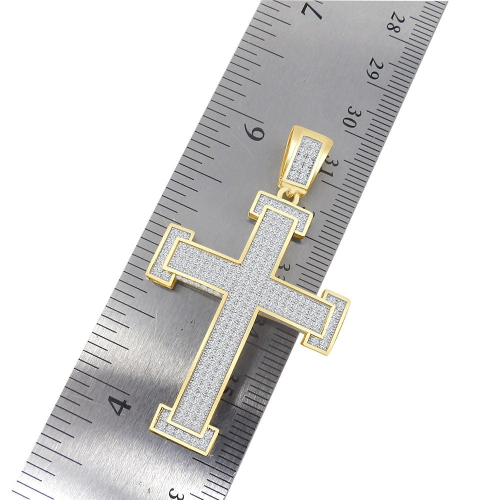 3D Genuine Sterling Silver Simulated Diamond 14K Gold Over Jesus Cross Designer Custom Charm Pendent Chain Set 20 + Grams
